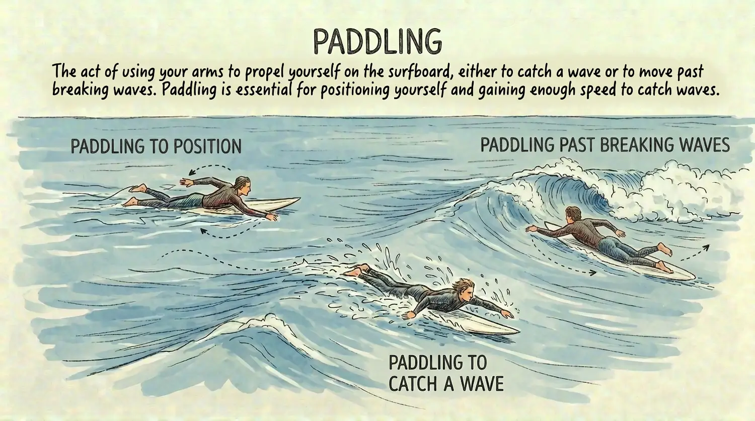 Watercolor sketch defining paddling in surfing Watercolor sketch defining paddling in surfing