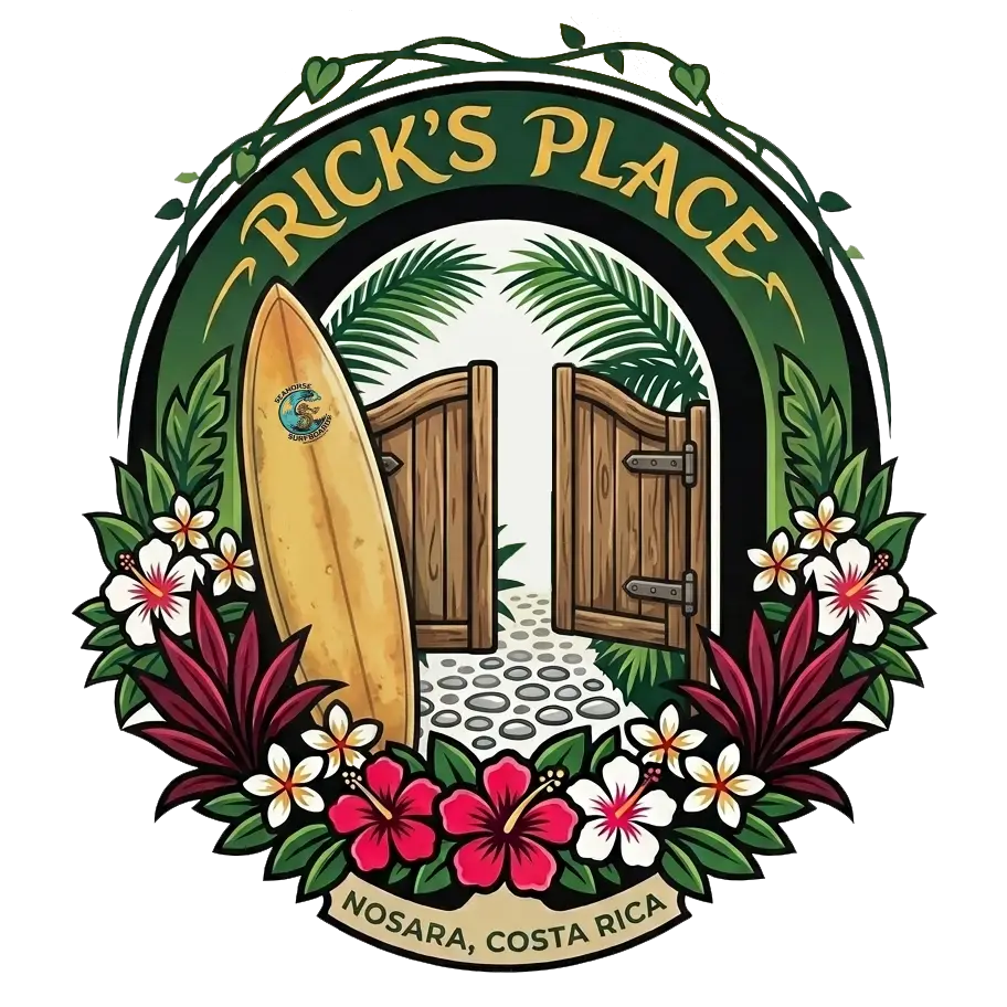 Rick's Place Nosara, Costa Rica graphic with surfboard and entrance